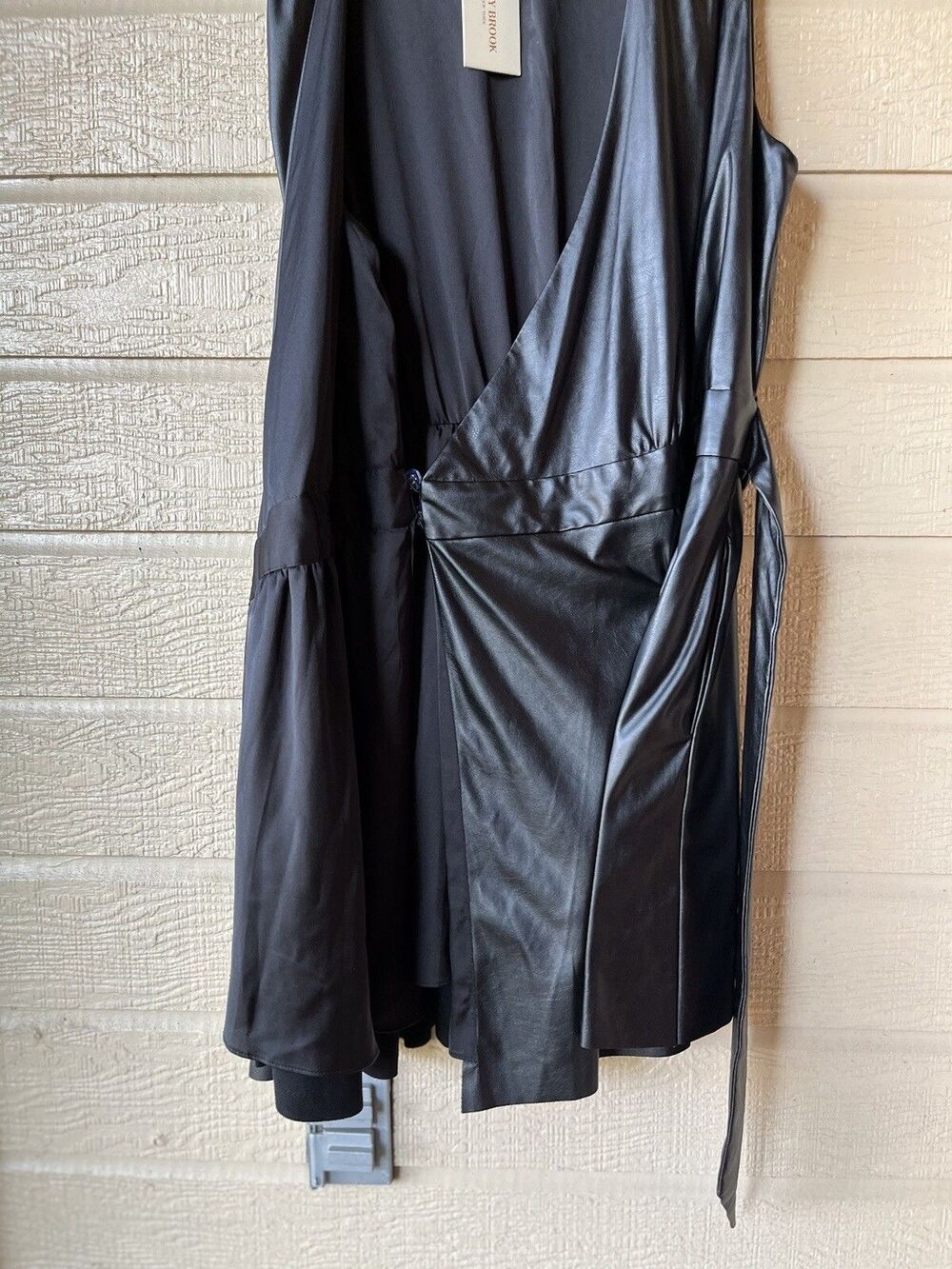 Ramy Brook women Lily Black Tie Wrap Vegan Faux Leather Mini Dress size 14 $425 - Picture 10 of 13